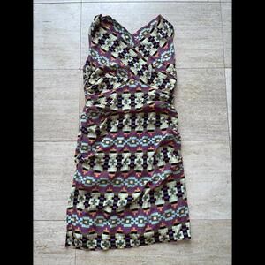 Nicole Miller Silk Dress Sheath Wrap Ruching Crisscross Abstract Geometric Sz 12